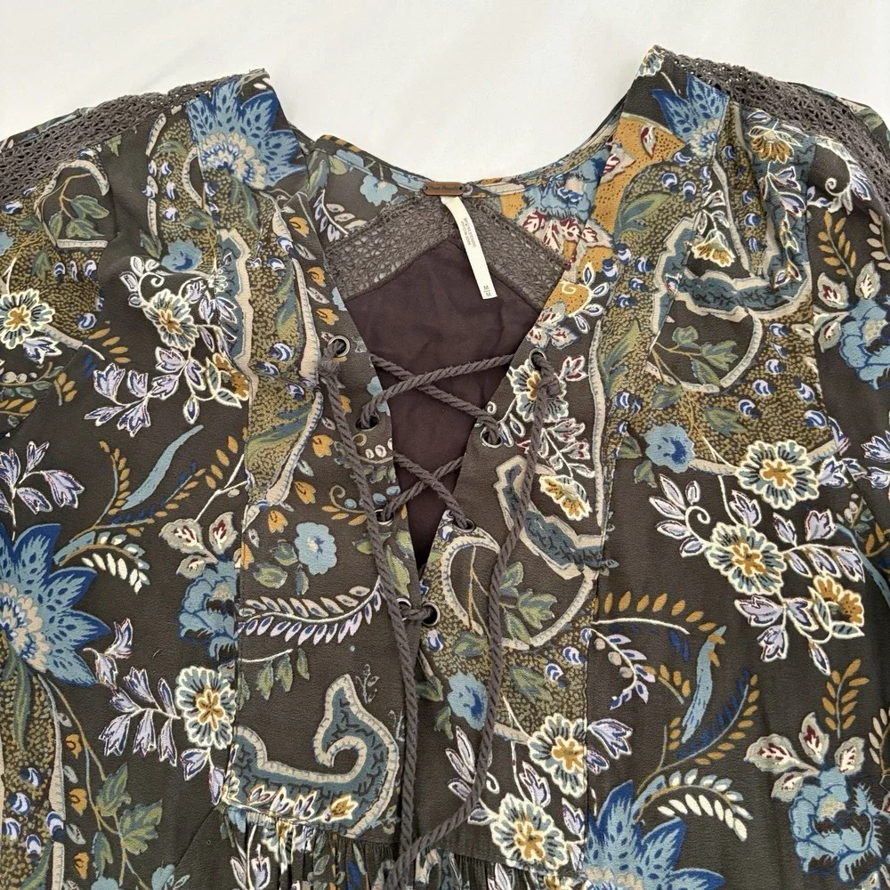 Free People Rain or Shine Tie Up‎ Tunic Dress Womens Gray Paisley Floral Medium